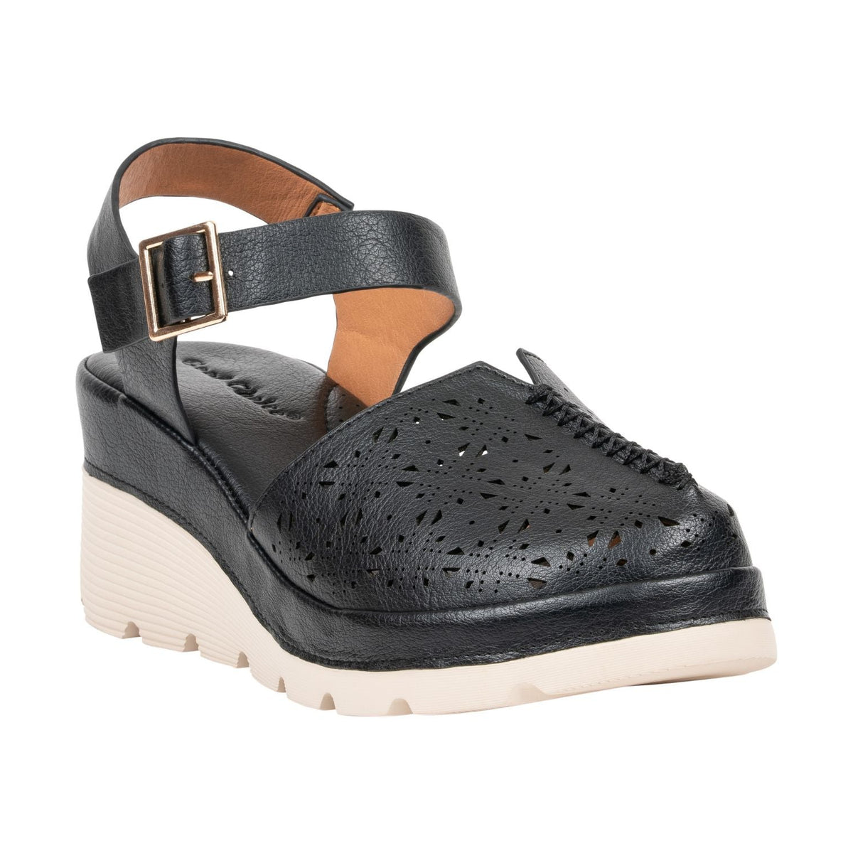 Carmel Black Buckle Wedge Sandal by GC Shoes