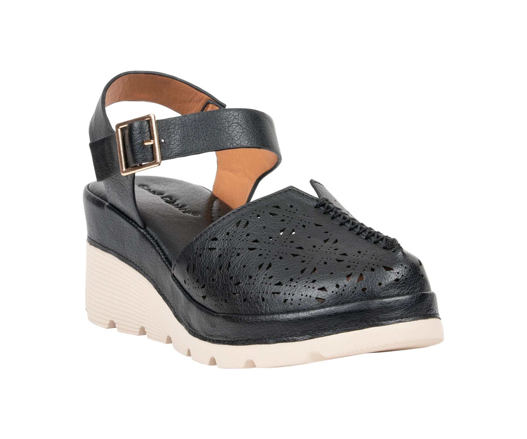Carmel Black Buckle Wedge Sandal by GC Shoes